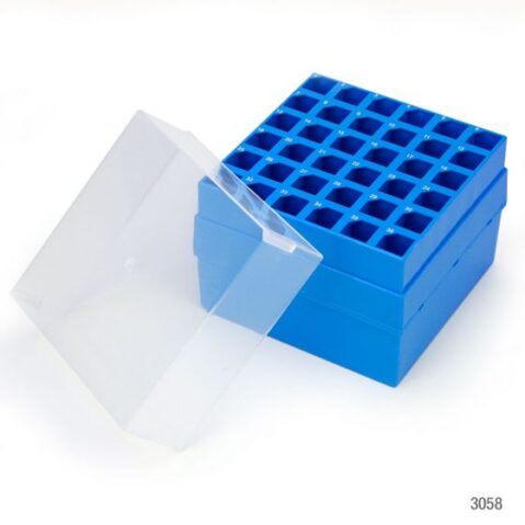 Storage Box with Lid for 15mL Centrifuge Tubes, 36-Place (6x6), PP, Blue Base & Clear Lid