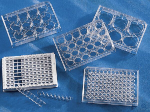 Corning® 96-well(1 x 8 Stripwell™) Clear Flat Bottom Polystyrene TC-treated Microplates, Individually Wrapped, with Lid, Sterile