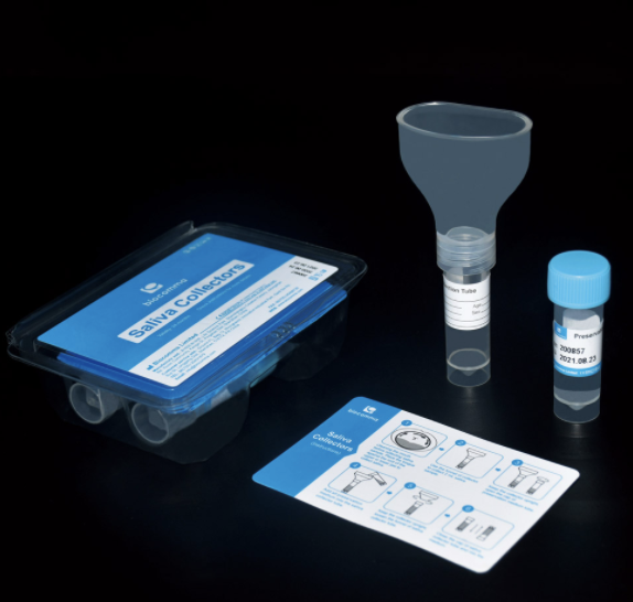 Saliva collector, include 1*funnel, 1*tube, 1*5 mL tube with 2 mL medium, paper-poly pouch package 25/BOX