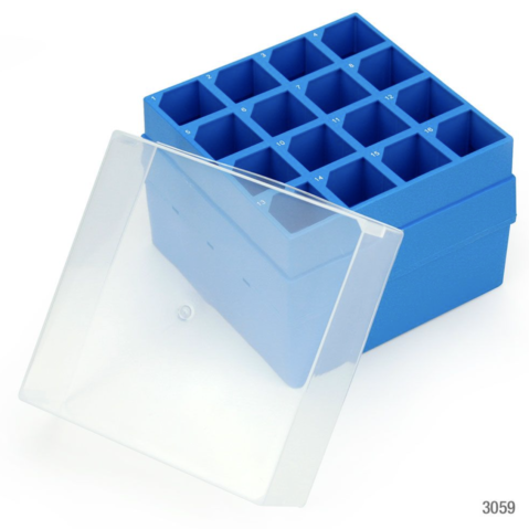 Storage Box with Lid for 50mL Centrifuge Tubes, 16-Place (9x9), PP, Blue Base & Clear Lid