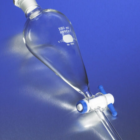 PYREX® 2L Pear-Shaped Squibb Separatory Funnel, PTFE Product Standard Stopcock, Polyethylene Standard Taper Stopper