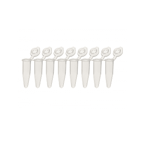 8-tube strips for qPCR/PCR, with individually attached, optically clear, flat caps, break-apart