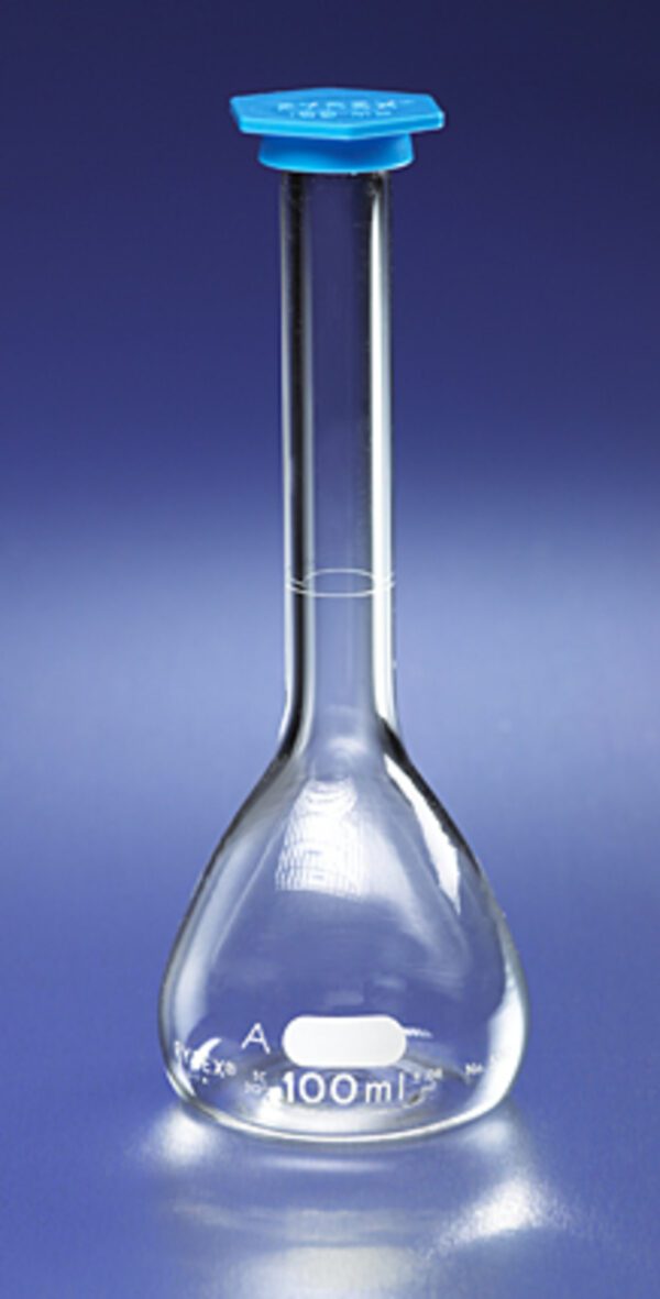 PYREX® 1L Class A Volumetric Flask with Polyethylene Snap-Cap 6/Cs