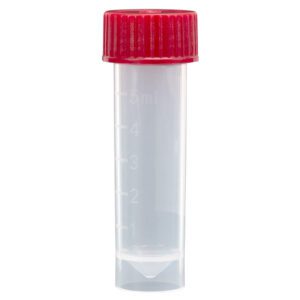 Transport Tube, 10mL, with Separate Red Screw Cap with Recess for Swab, STERILE, PP, Round Bottom, Self-Standing, Bulk Packed, 2 x 500 Tubes/Bag & 1 x 1000 Caps/Bag (1000 pcs)