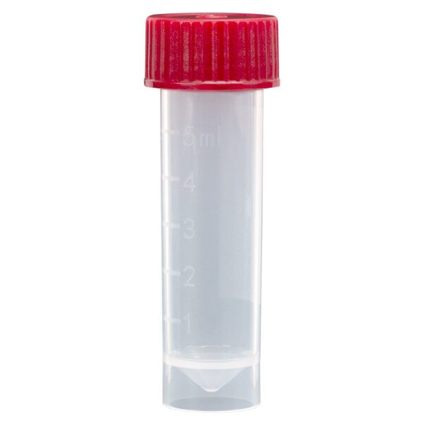 Transport Tube, 10mL, with Separate Red Screw Cap with Recess for Swab, STERILE, PP, Round Bottom, Self-Standing, Bulk Packed, 2 x 500 Tubes/Bag & 1 x 1000 Caps/Bag (1000 pcs)